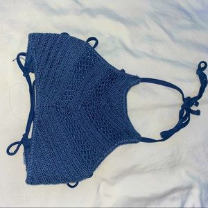 blue woven halter bikini top- laced back- long strings